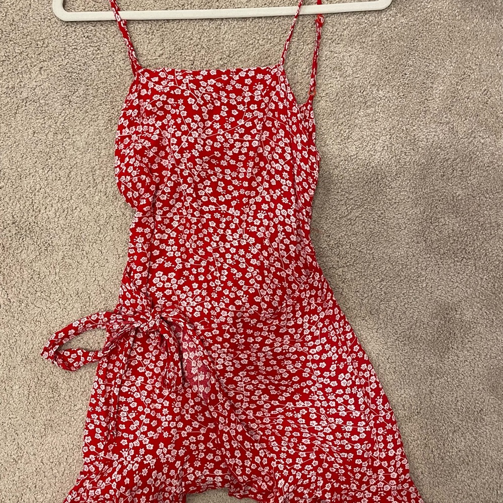 Red floral tie dress